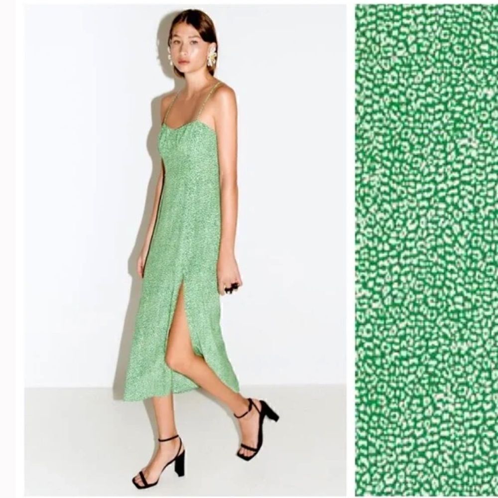 Zara Green Printed Midi Dress. Size XS